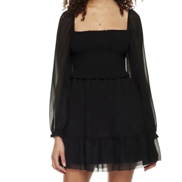 Wilfred Dresses & Skirts - Aritzia Wilfred Dress Women's XS Black‎ Tempest Mini Smocked Long Sleeve Stretch